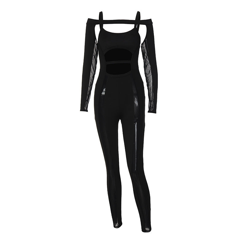 Openwork Gauze Stitching Long Sleeve Jumpsuit