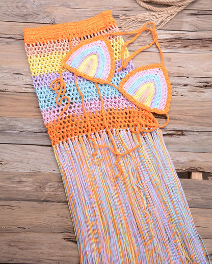 Beach Hollow Tie Colorful Split Fringe A Line Skirt Set