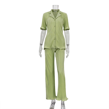 Green Short Sleeve Shirt Casual Pleated High Waist Wide Leg Pants Set