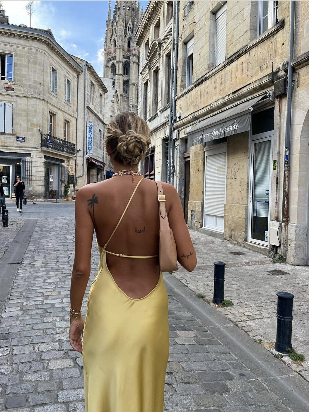 French Backless Yellow Satin Dress