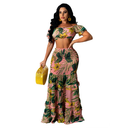 Flower Printed Long Skirt Two-piece Set