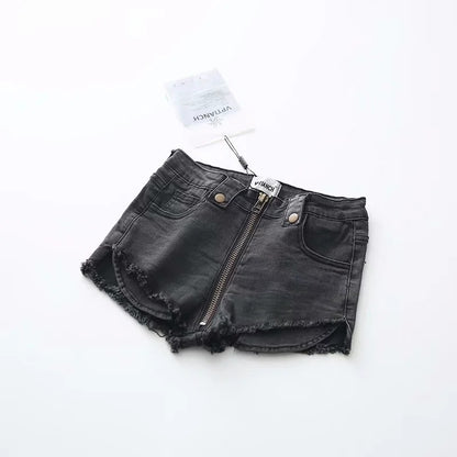 High Waist Stretch Front Zip Denim Shorts