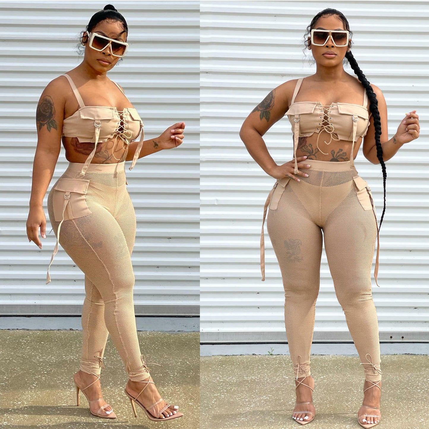 Solid Mesh Sheer Trousers Two-Piece Set