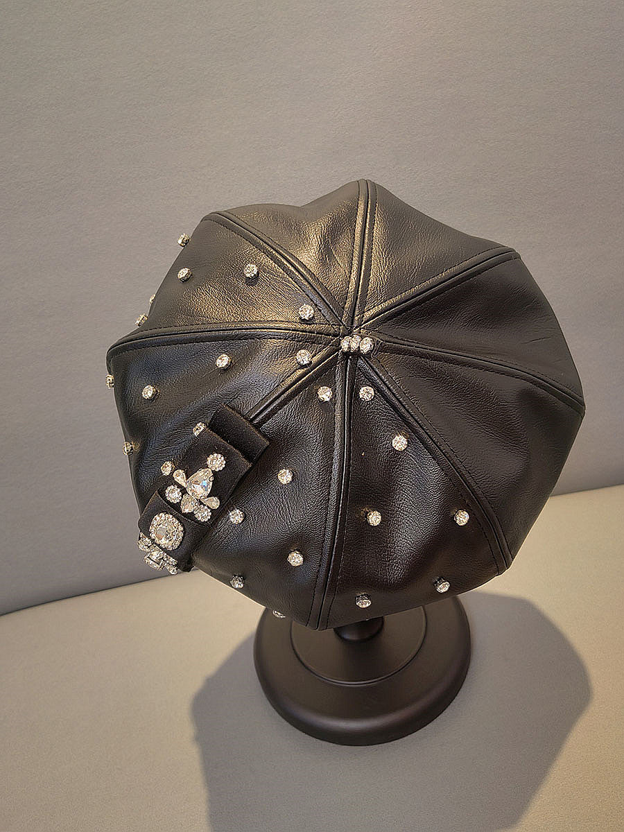 PU Leather Octagonal Rhinestone Bow Beret