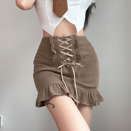 Skinny Panel Lace-Up Brown Ruffle Skirt