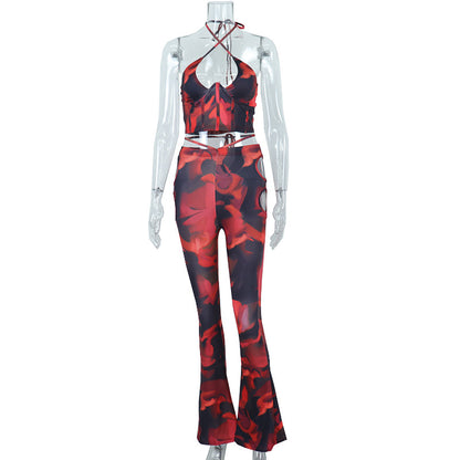 Printed Cross Suspender Top High Waist Leggings Two-piece Set