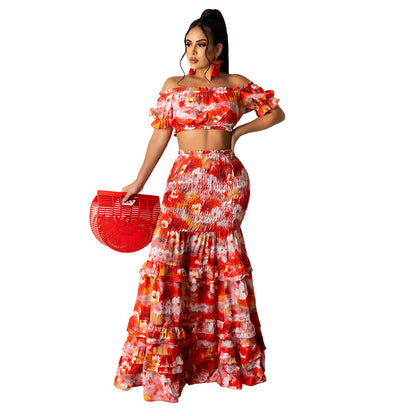 Flower Printed Long Skirt Two-piece Set