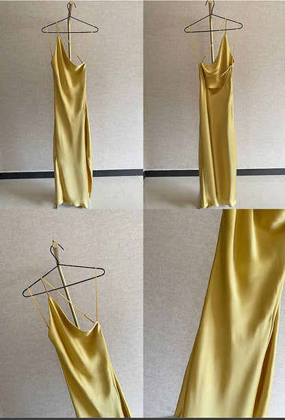 French Backless Yellow Satin Dress