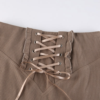 Skinny Panel Lace-Up Brown Ruffle Skirt