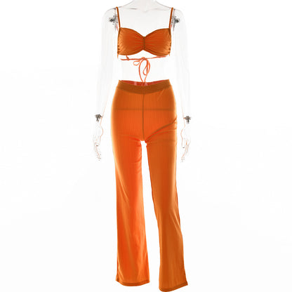 Strap Tube Top High Waist Pull Up Pants Set