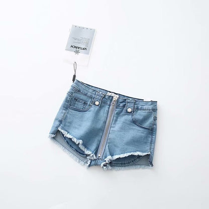 High Waist Stretch Front Zip Denim Shorts