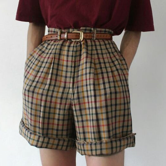 Plaid High Waist  Loose Shorts