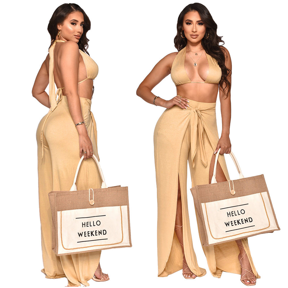 Tie Front Wrap Hem Wide Leg Pants Set