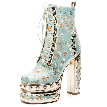 Platform Super High Heel Lace Rivet Silk Martin Boots