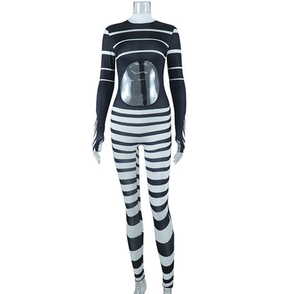 Black White Stripped Print Long Sleeve Cut Out Bodysuit