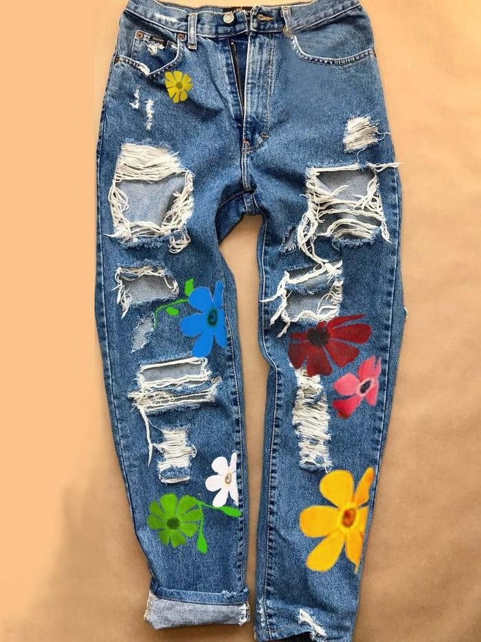 Printed Ripped Fashion High Waist Jeans