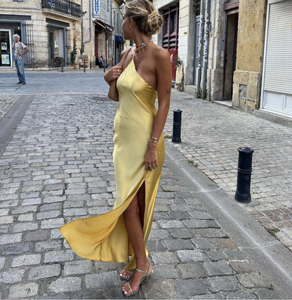 French Backless Yellow Satin Dress