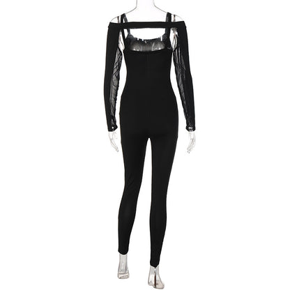 Openwork Gauze Stitching Long Sleeve Jumpsuit