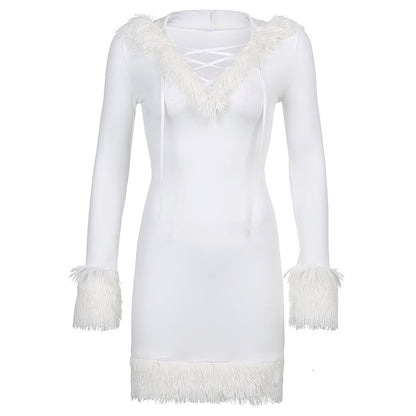 Hooded Lace-up Fur Stitch Winter Dress