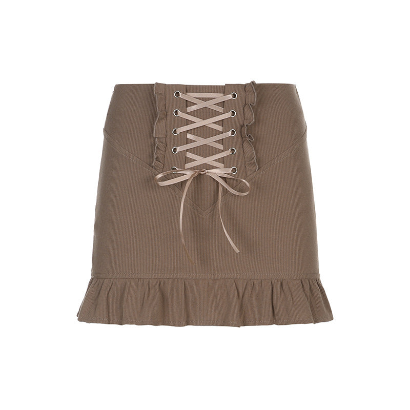 Skinny Panel Lace-Up Brown Ruffle Skirt