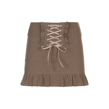 Skinny Panel Lace-Up Brown Ruffle Skirt