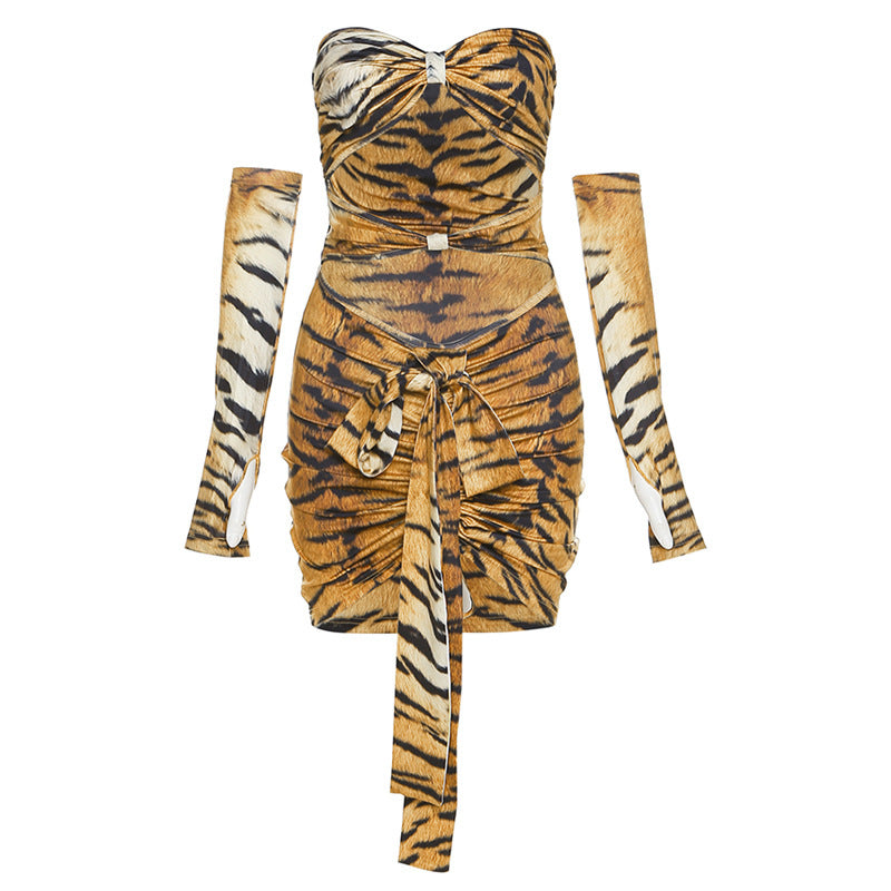 New Summer Fashion Tiger-print Lace-up Dress With Hip Wrap