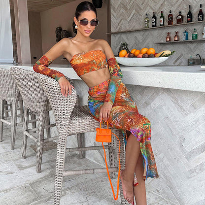 Printed Strapless Top Slim Slit Skirt Suit