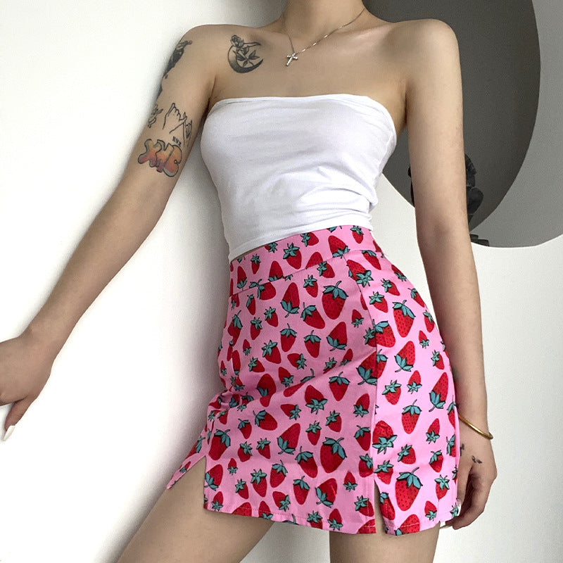 Cherry Print High Waist Slit Short Skirt