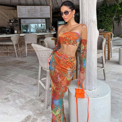 Printed Strapless Top Slim Slit Skirt Suit