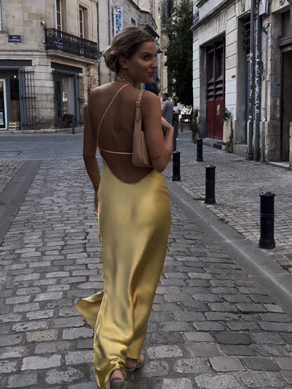 French Backless Yellow Satin Dress