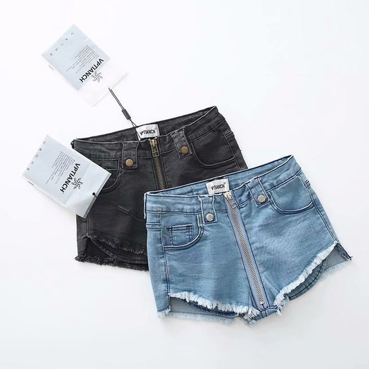 High Waist Stretch Front Zip Denim Shorts