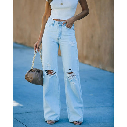 Wide-leg Ripped Casual Denim Pants