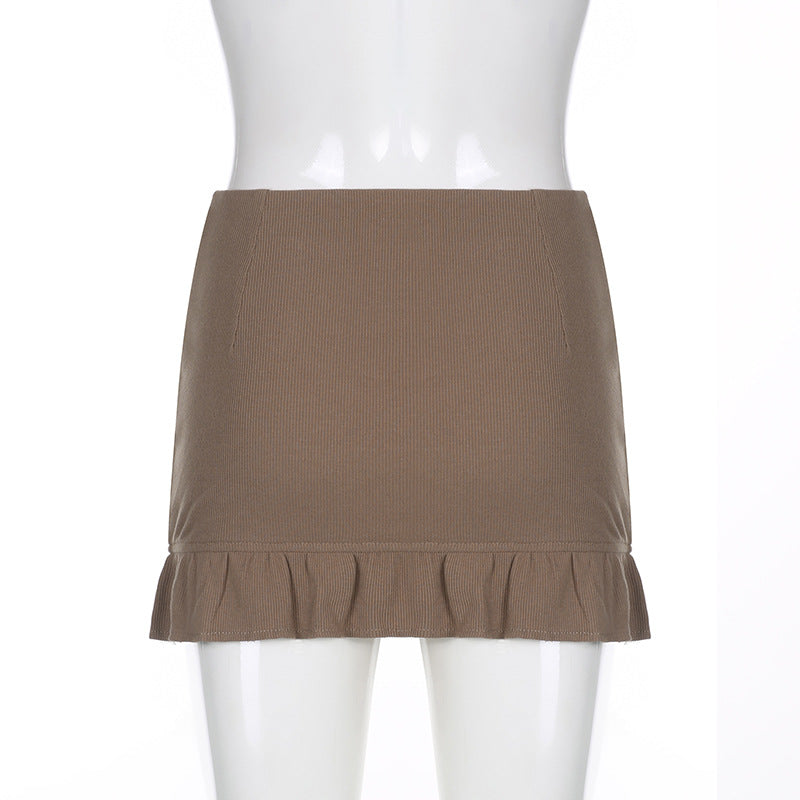 Skinny Panel Lace-Up Brown Ruffle Skirt