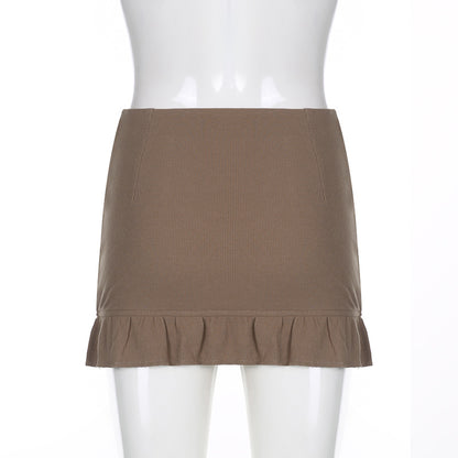 Skinny Panel Lace-Up Brown Ruffle Skirt