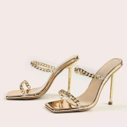 Metal Chain Square Toe Stiletto Heel Sandals